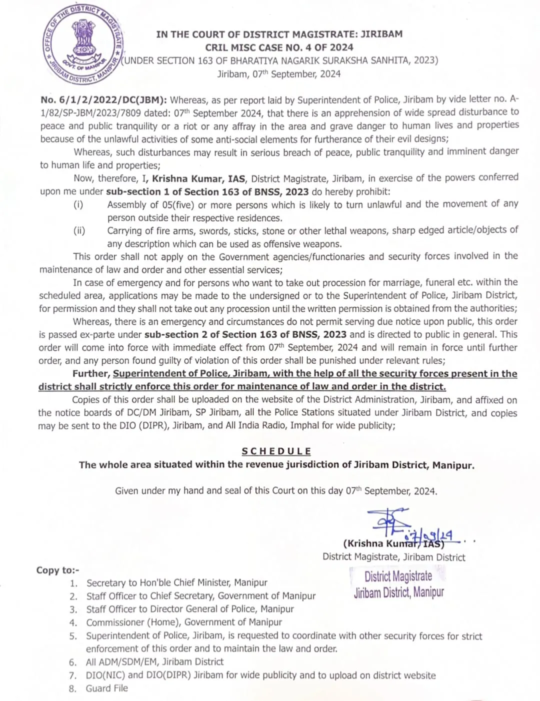 The order issued by Jiribam district magistrate  